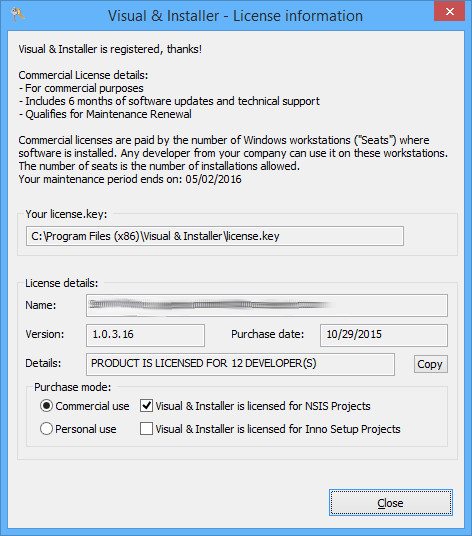 License dialog